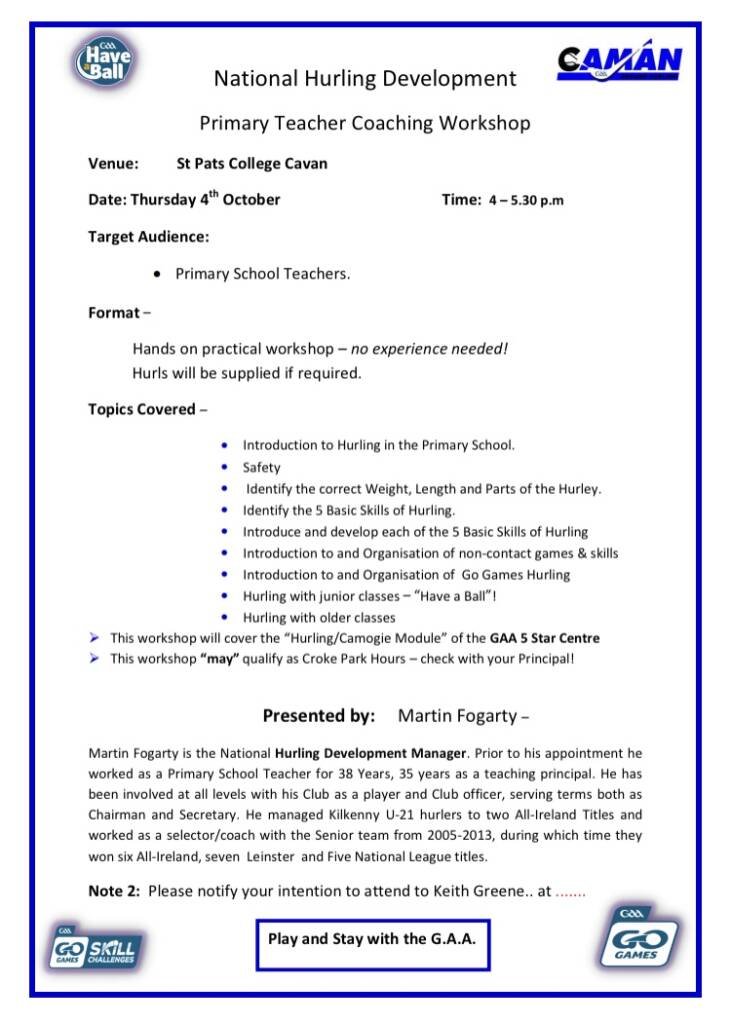 Coaching Hurling Workshop for Primary Teachers
