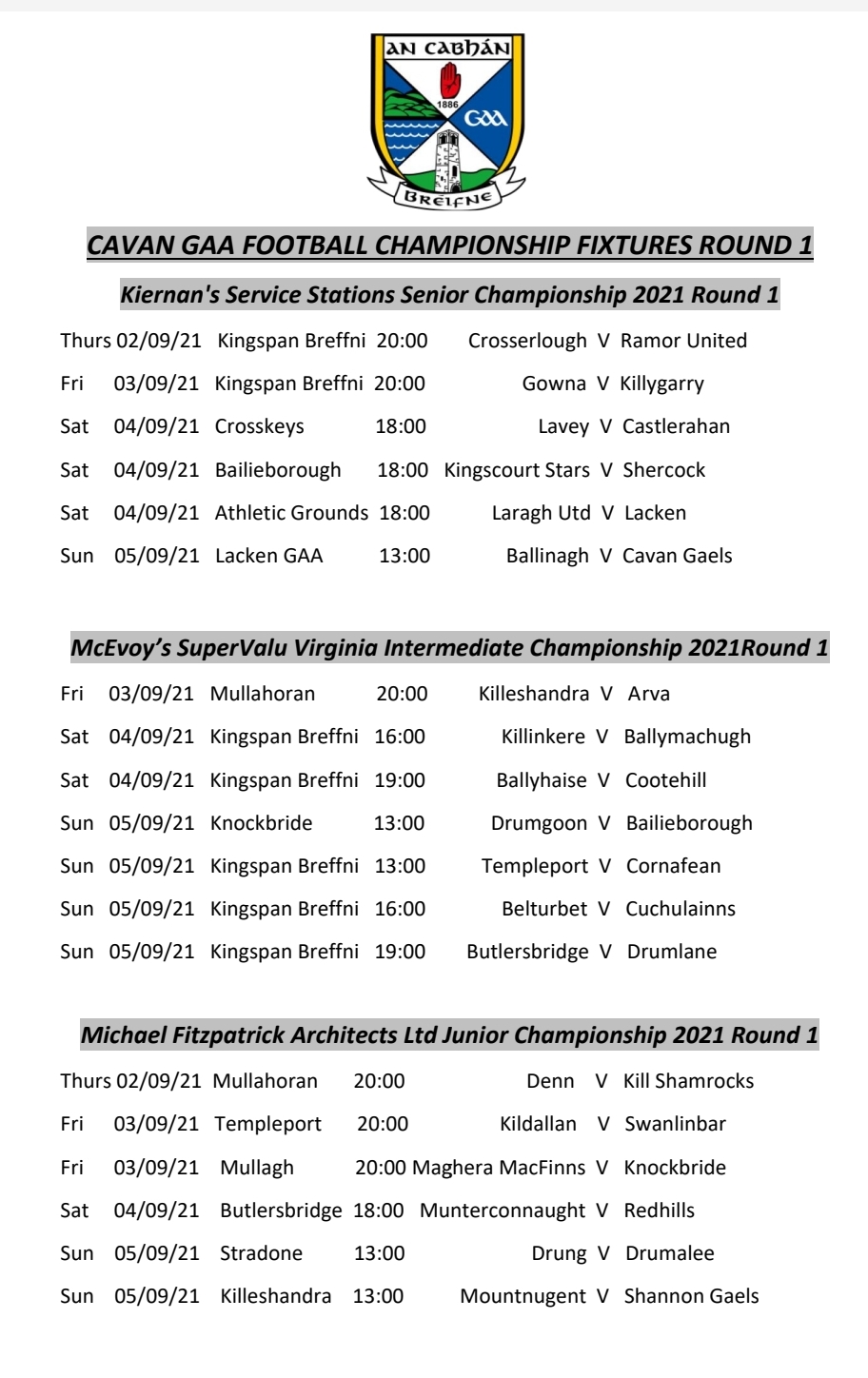 Round 1 Championship Fixtures Cavan GAA