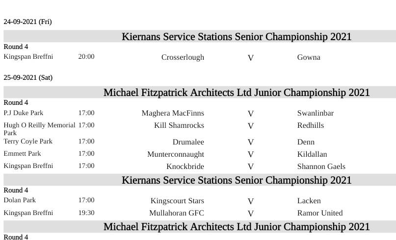 Cavan GAA Championship Round 4 Fixtures