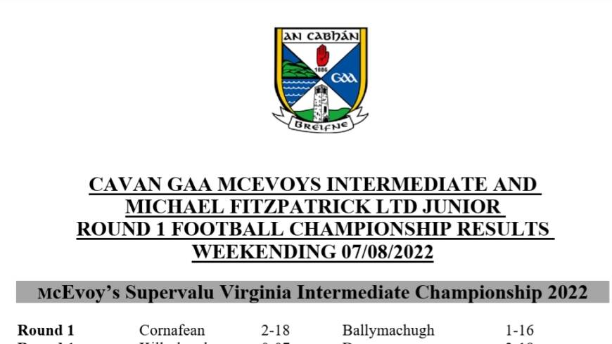 CAVAN GAA MCEVOYS INTERMEDIATE AND    MICHAEL FITZPATRICK LTD JUNIOR    ROUND 1 FOOTBALL CHAMPIONSHIP RESULTS WEEKENDING 07/08/2022