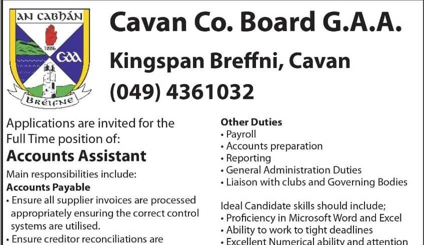 Vacancy Accounts Assistant Cavan GAA