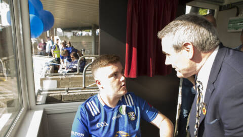 Darragh Galligan avid Cavan GAA supporter and Ciarán McLaughlin (President of Ulster GAA) having a few words before the Cavan V Dublin Game in the new accessibility area in Kingspan Breffni