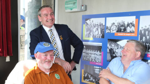 Thomas Doonan Ciarán McLaughlin (President of Ulster GAA) and Padraig Rudden enjoying the chat in the new accessibility area in Kingspan Breffni