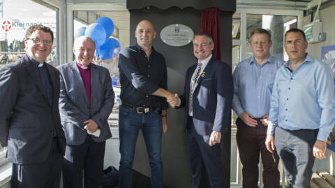 Fr Kevin Fay, Bishop Ferran Glenfield, Rodney Wilton (Wilton Recycling), Ciarán McLaughlin (President Ulster GAA), Tony Ryan Chairperson of Cavan GAA Health and Wellbeing Committee and Kieran Callaghan (Chairperson of Cavan GAA) opening the new accessibility area in Kingspan Breffni.