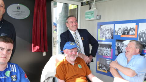 Thomas Doonan Ciarán McLaughlin (President of Ulster GAA) and Padraig Rudden enjoying the chat in the new accessibility area in Kingspan Breffni