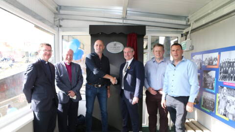 Fr Kevin Fay, Bishop Ferran Glenfield, Rodney Wilton (Wilton Recycling), Ciarán McLaughlin (President Ulster GAA), Tony Ryan (Chairperson of Cavan GAA) Health and Wellbeing Committee and Kieran Callaghan (Chairperson of Cavan GAA) opening the new accessibility area in Kingspan Breffni.