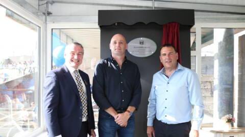 Ciarán McLaughlin (President Ulster GAA), Rodney Wilton (Wilton Recycling), Kieran Callaghan (Chairperson Cavan GAA) unveiling the plaque in the new accessibility area in Kingspan Breffni.