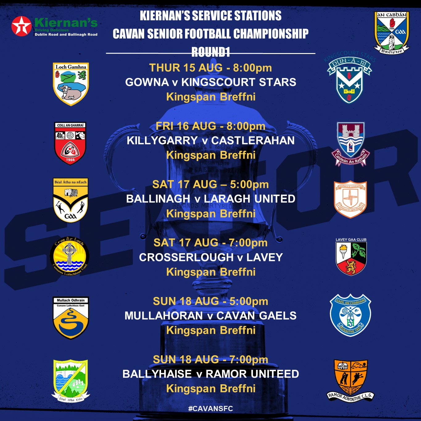 Kiernan's Service Station Senior Football Championship Rd1 Fixtures