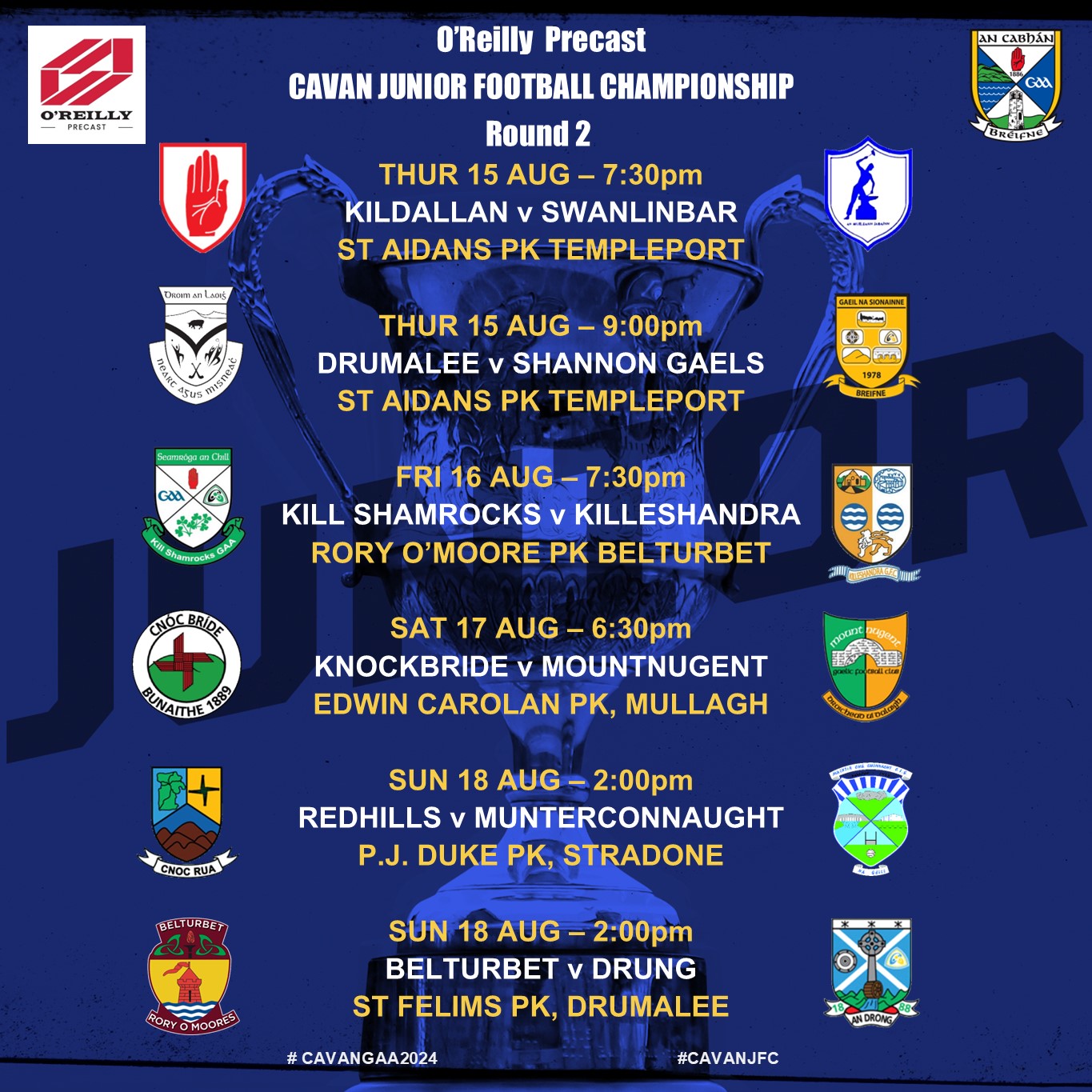 O'Reilly Precast Junior Football Championship Round 2 Fixtures