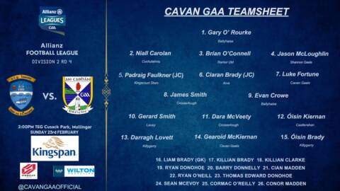 Cavan Team named for Round 4 fixture vs Westmeath