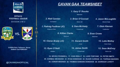 Cavan Team named for Round 2 fixture vs Meath