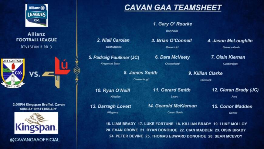 Cavan Team named for Round 3 fixture vs Louth