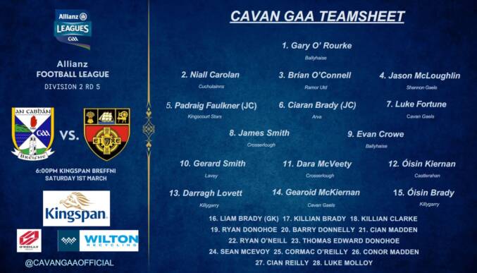 Cavan Team named for Round 5 fixture vs Down