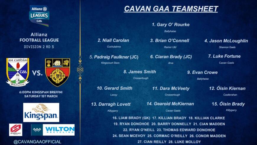 Cavan Team named for Round 5 fixture vs Down