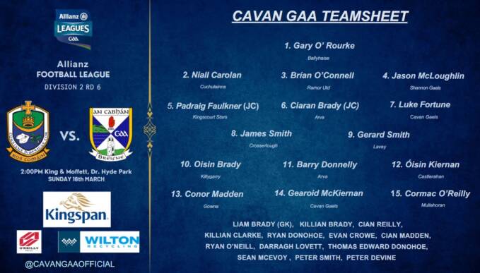 Cavan Team named for Round 6 fixture vs Roscommmon