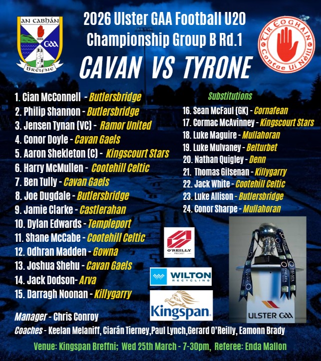 CAVAN U20 TEAM ANNOUCED