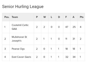 Senior Hurling League Table after Round 2