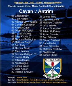 Cavan Minor Team named for  Ulster Minor Football Championship Rd3 Qualifier 