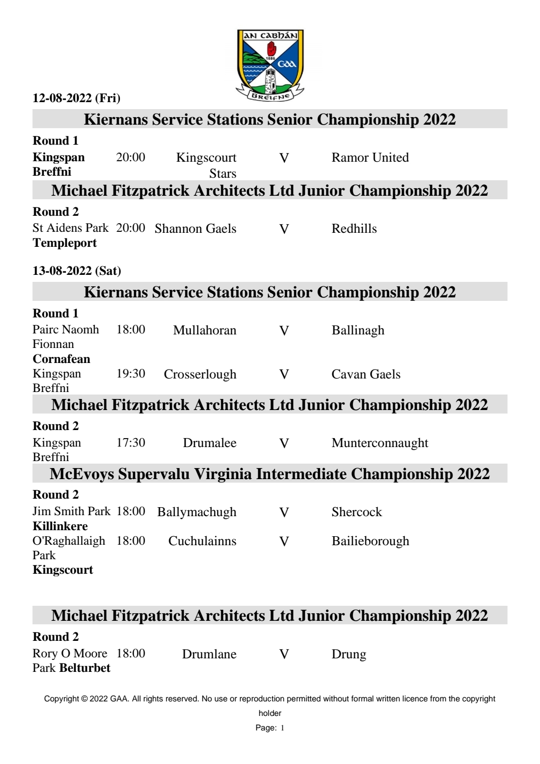 Round 1 Championship Fixtures - Cavan GAA