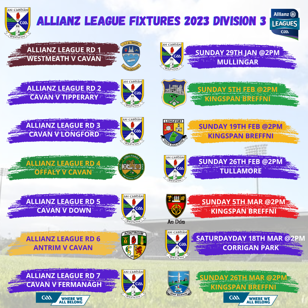 Allianz League Fixtures and Dates Division 3 Football and Division 3B Hurling