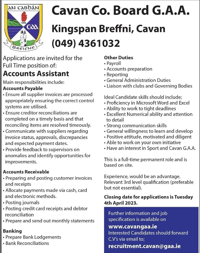 Vacancy Accounts Assistant Cavan GAA