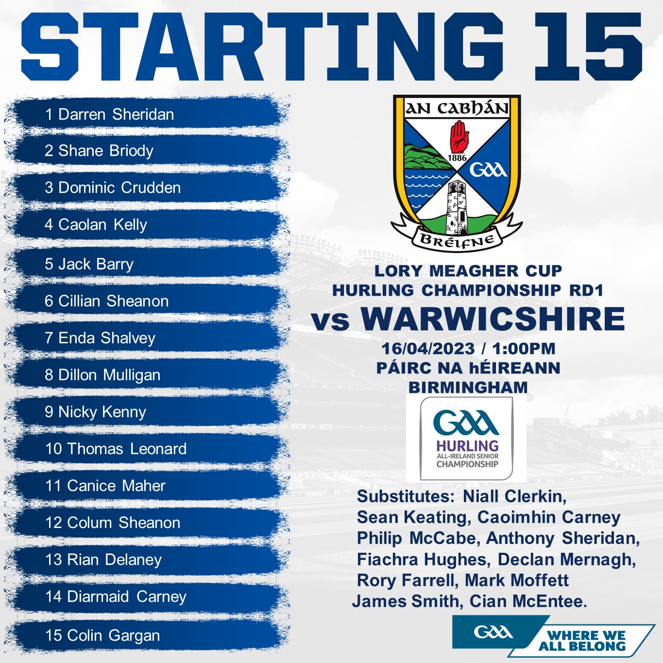 Lory Meagher Rd 1 Team v Warwickshire